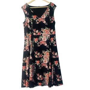 Tiana B Floral Sleeveless Dress 14 Black Pink White Green V-Neck Flowy